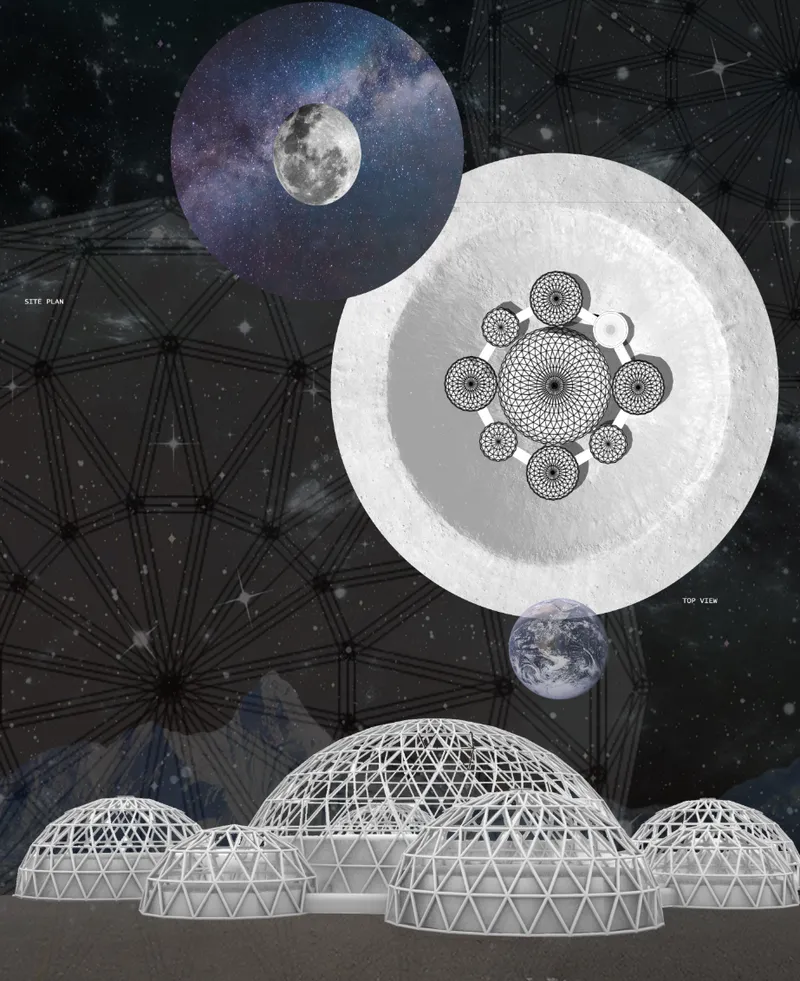 LUNA BASE site plan showing a radial network of interconnected geodesic domes on the lunar surface.