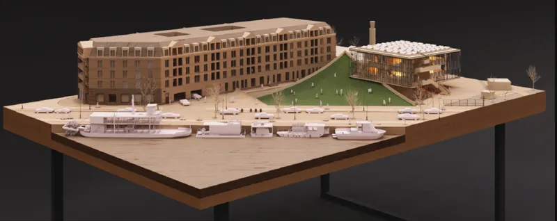 Physical model shows the cultural center integrated with Amsterdam’s waterfront neighborhood