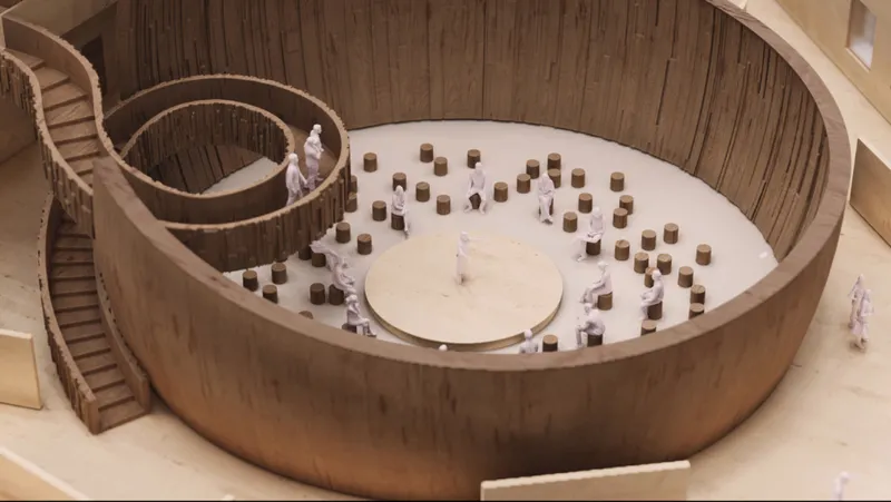 Circular wooden theatre creates an intimate 360-degree setting for performance and interaction