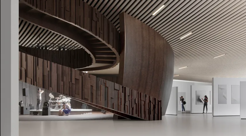 Sculptural timber theatre connects performance spaces with the surrounding exhibition gallery