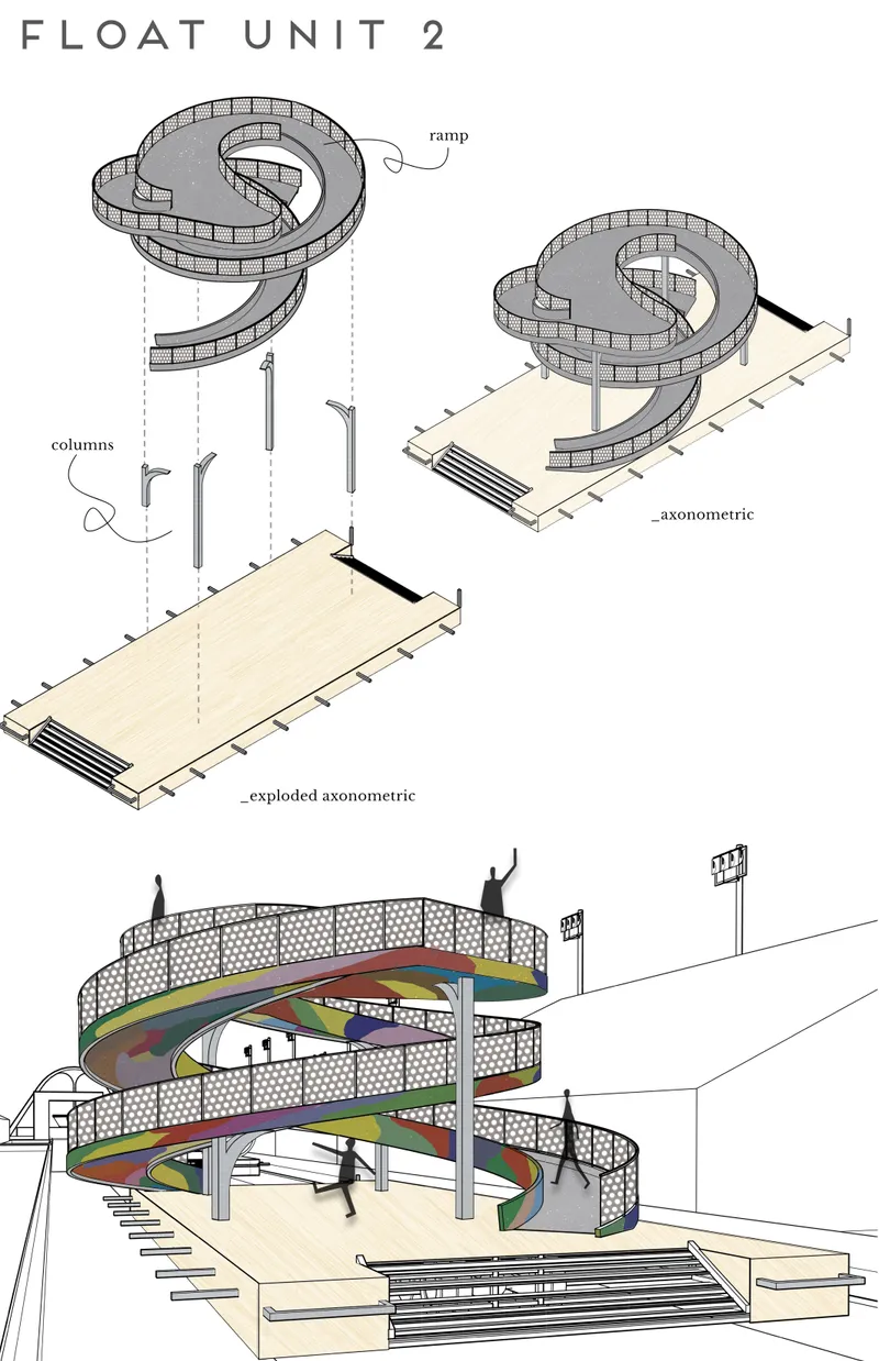 Spiral ramp float creating an elevated, immersive circulation experience inspired by carnival movement and rhythm