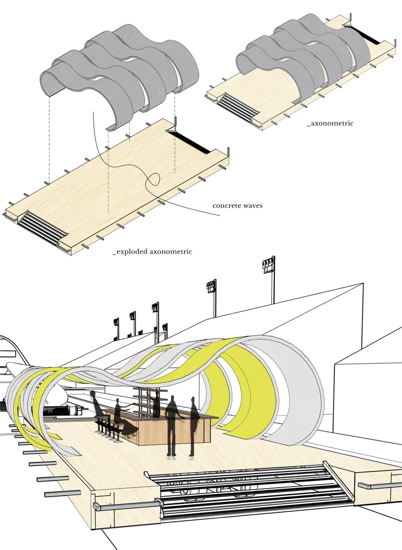 Food court float using flowing concrete-wave forms to create a flexible space for gathering, dining, and local commerce