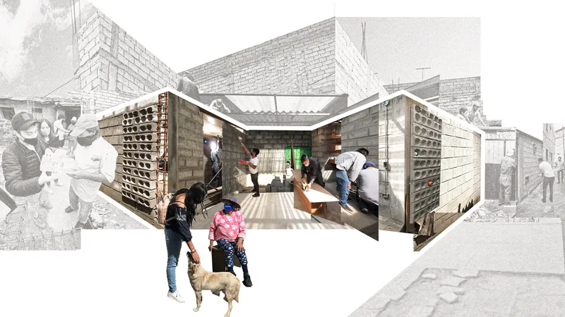 Collage rendering showing concrete block dwelling interior with residents and perforated brick light screens