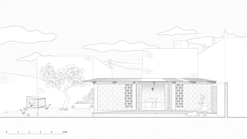 Elevation drawing depicting linear facade with masonry patterns, central entry, low roof overhang, and figures in adjacent landscape