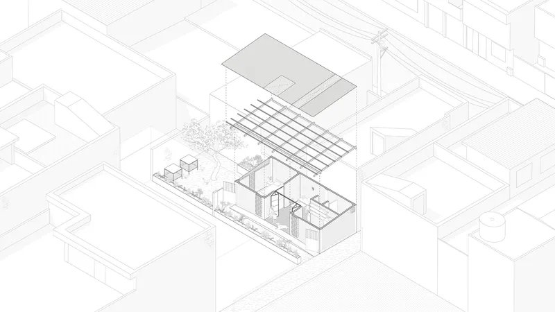 Axonometric drawing showing a residence with slatted roof canopy and interior courtyard with tree