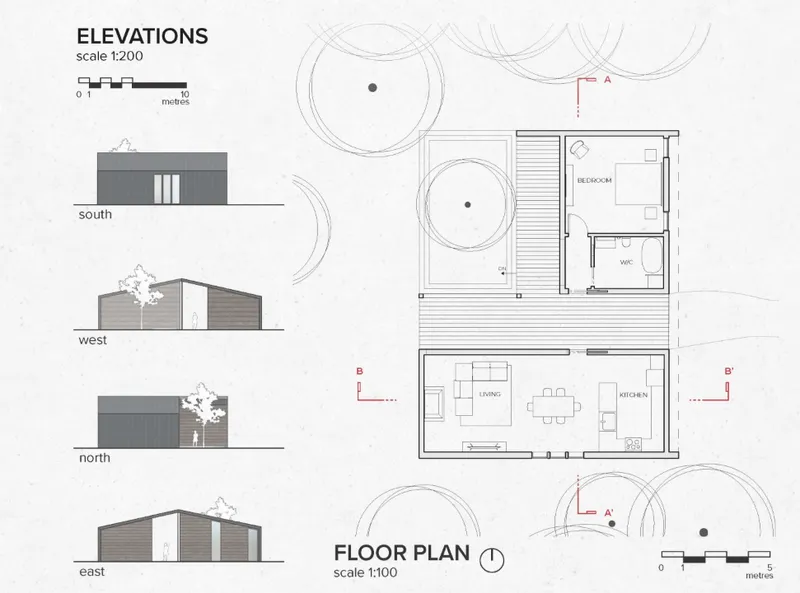 Plans and elevations reveal the house’s compact organization, courtyard void, and restrained architectural form.