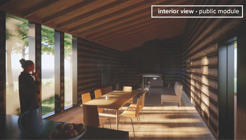 Warm timber surfaces and filtered daylight shape a domestic interior that feels inviting yet subtly unfamiliar.