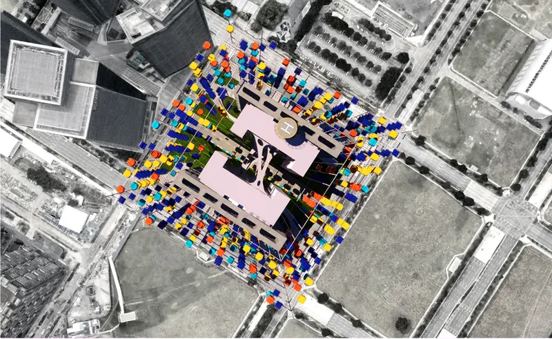 Aerial view showing the tower’s central street, shared platforms, and distributed modular homes.