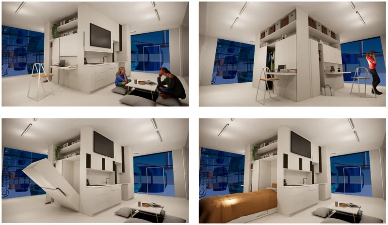 A transformable modular interior combines living, working, storage, and sleeping functions.