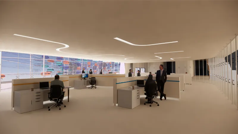 The open-plan workplace supports collaboration, flexibility, and shared professional activity.