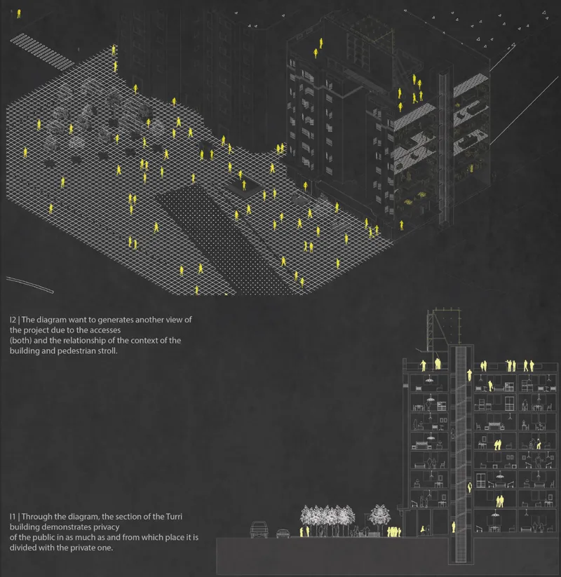 Axonometric and sectional studies illustrate access, circulation, and the project’s urban relationship.