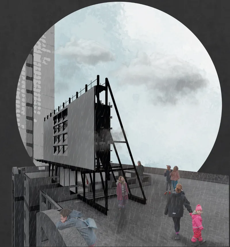 Atmospheric rain and mist reshape the installation as a constantly changing perceptual environment.