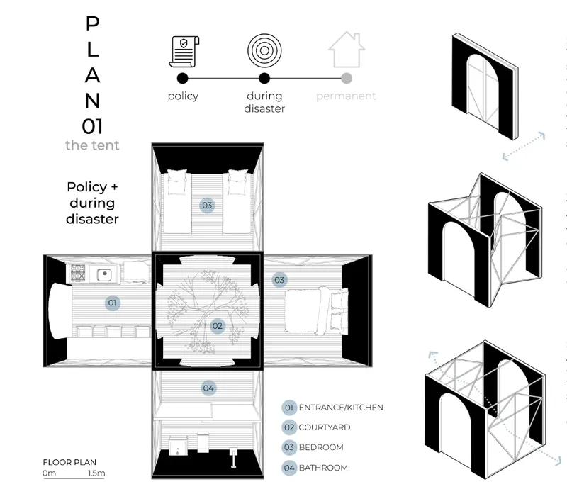 Plan 01 organizes the tent module around essential living spaces for fast post-earthquake assembly.