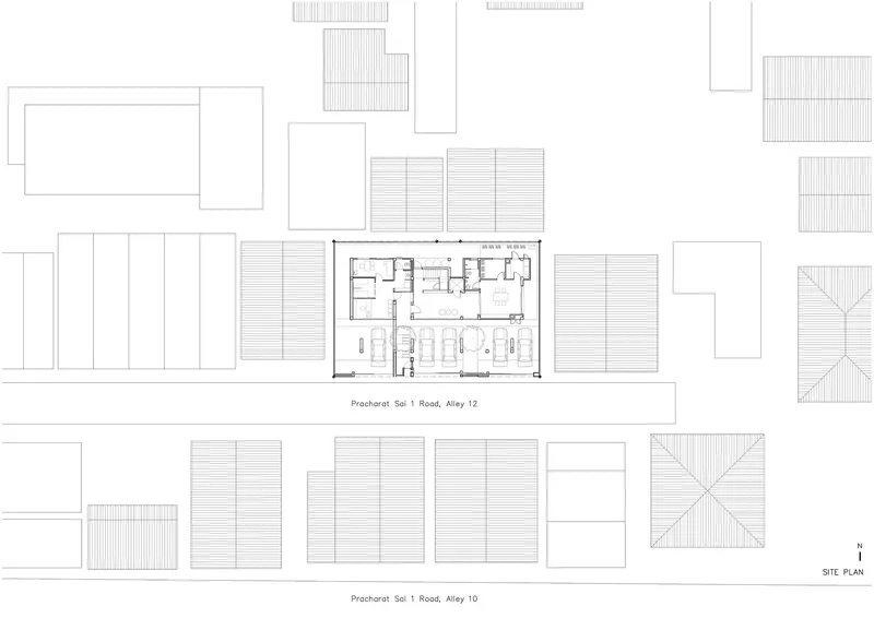 Site plan drawing showing the building footprint within the surrounding neighborhood context and adjacent structures