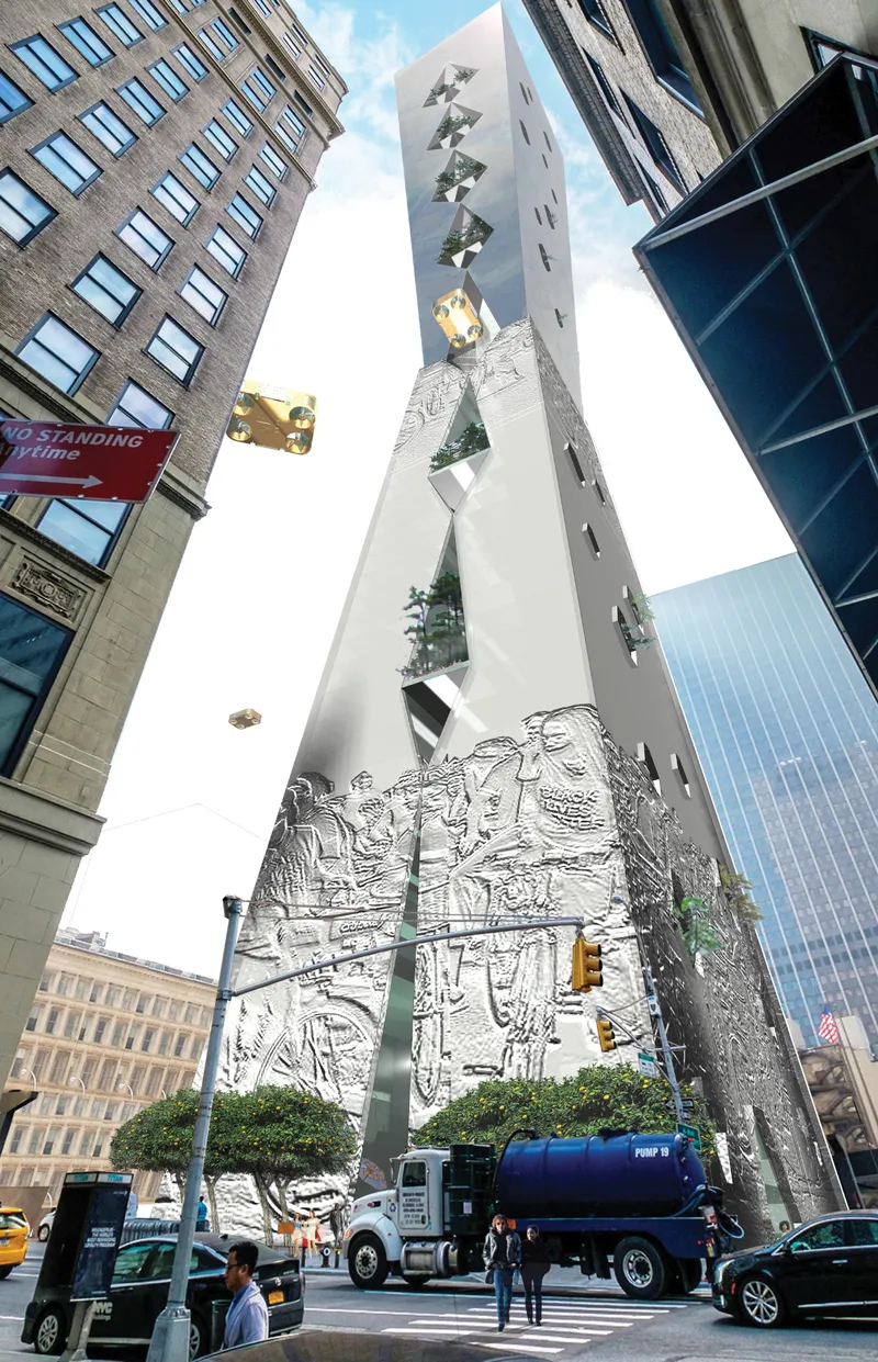Street-level view revealing the monumental base, public frontage, and integrated civic artwork.