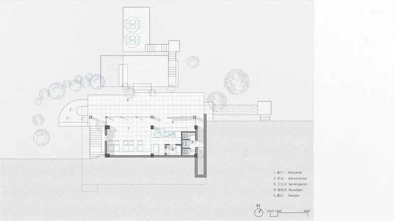 Ground floor plan drawing showing open living spaces and adjacent terrace area