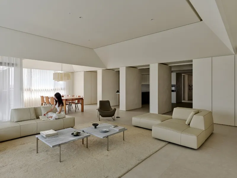 Wide living and dining space with vaulted ceiling and person seated on sofa