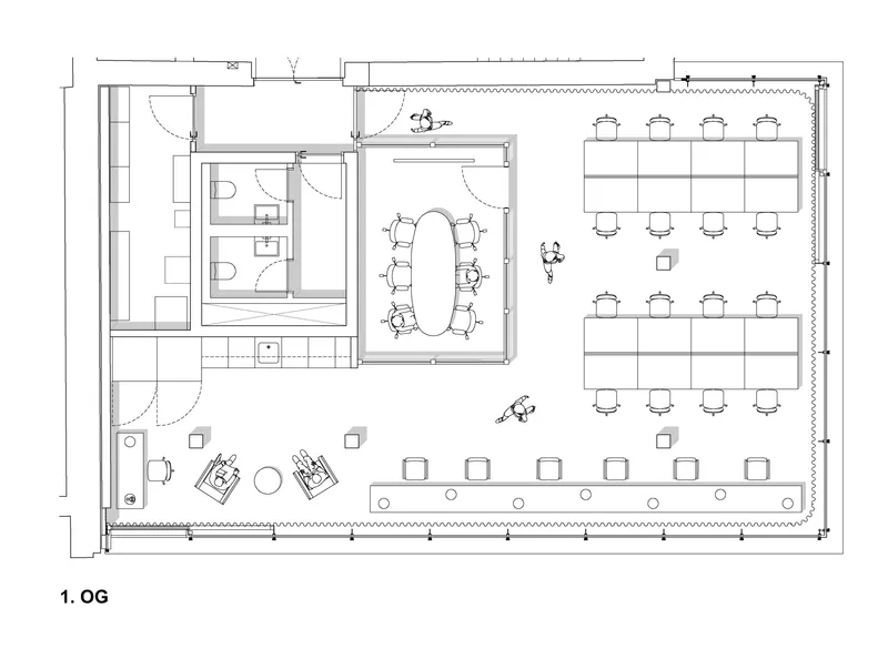 First floor plan with communal dining tables, banquette seating, restrooms, and meeting rooms