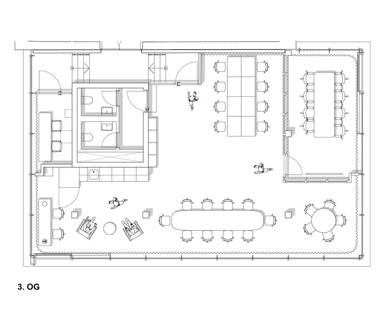 Third floor plan with open workspace, central meeting table, banquette seating, and service areas