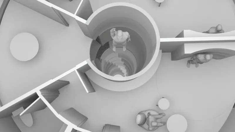 Vertical circulation connecting multiple levels of the cylindrical living module.