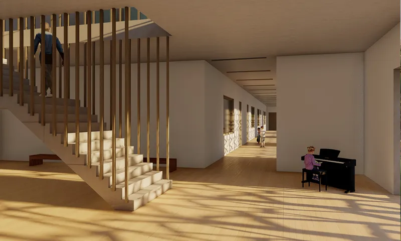 Warm timber, filtered sunlight, and open circulation create an inviting setting for music, learning, and interaction.