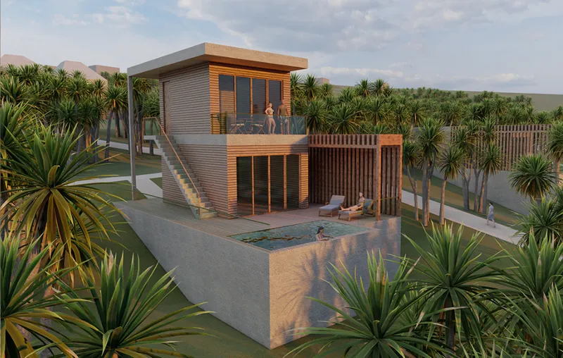 A private tropical villa integrates timber detailing, outdoor living, and lush vegetation for a secluded resort experience.