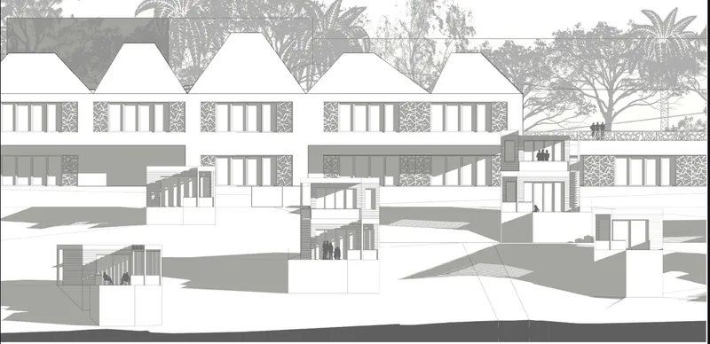 Architectural Elevation: Elevations reveal the relationship between the main complex, hillside accommodation, terraces, and landscape-responsive building forms.