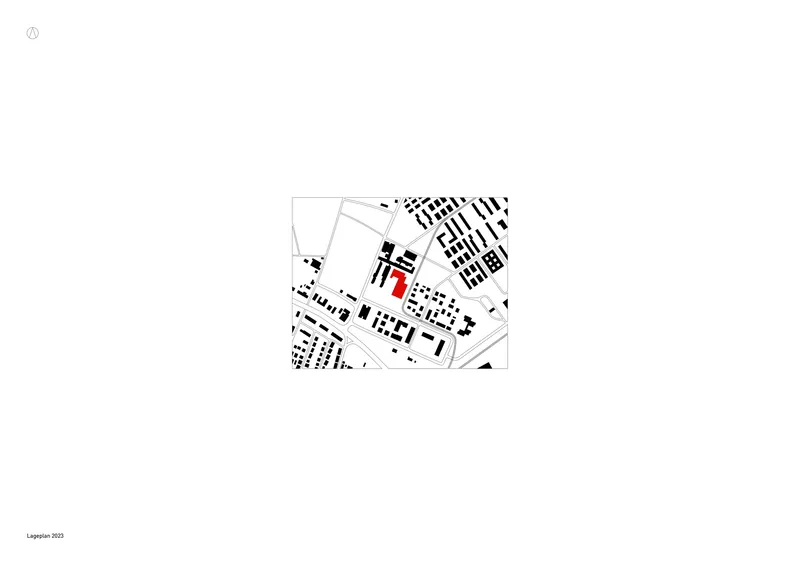 Site plan drawing showing the building footprint highlighted in red within the surrounding urban fabric