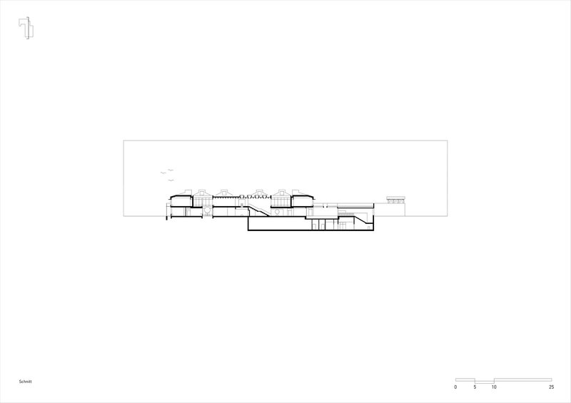Section drawing revealing multiple floor levels with stepped volumes and a central atrium space