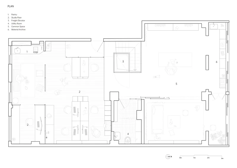Floor plan drawing showing multiple workspaces and rooms arranged around a central stair and service core