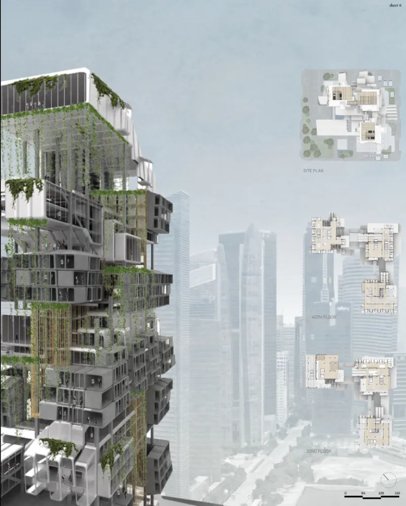 The green high-rise façade integrates residential modules, terraces, and vertical planting within Singapore’s urban skyline.
