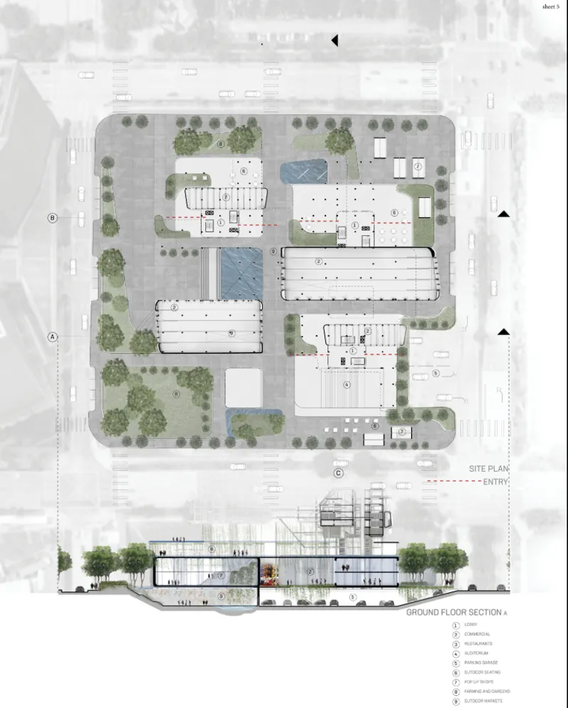 The site plan combines housing, commercial spaces, gardens, markets, and public amenities across an active ground plane.