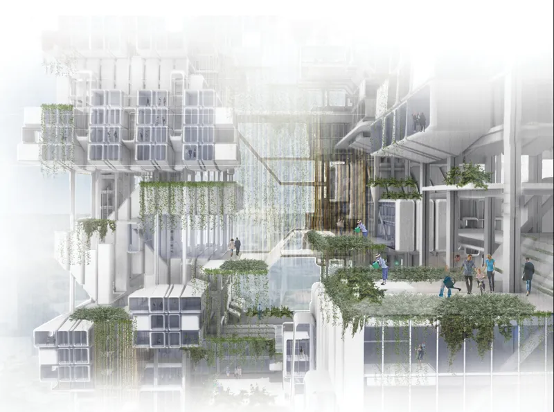 A lush communal terrace connects modular living units through gardens, circulation paths, and shared social spaces.