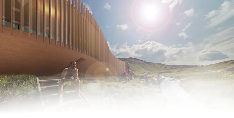 Hjerta’s timber facade curves along the thermal river, blending architecture with Iceland’s rugged landscape