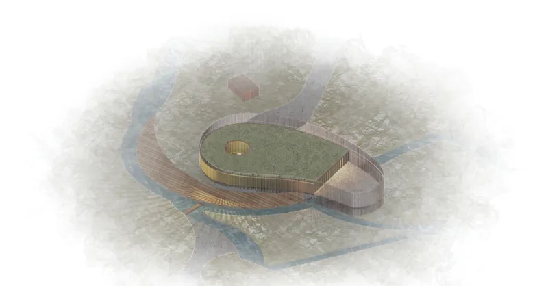 The axonometric view shows Hjerta’s curved timber form and green roof merging with the thermal river and surrounding Icelandic terrain