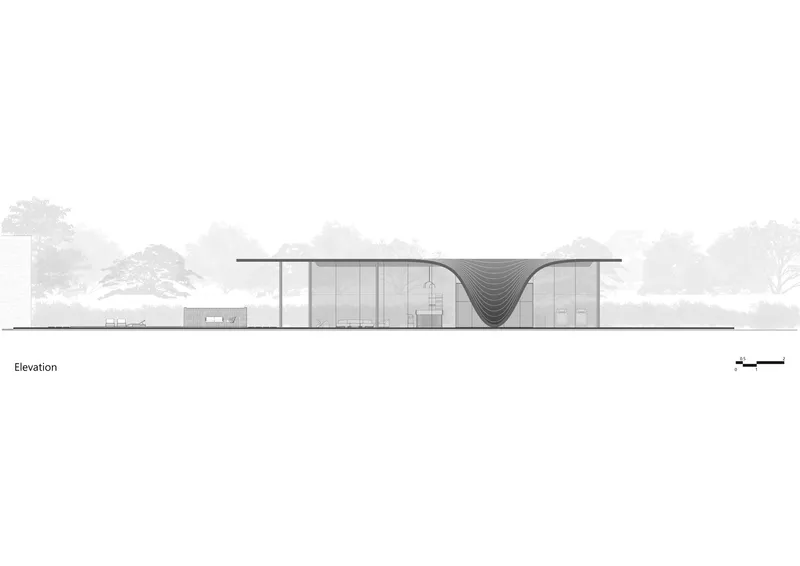 Elevation drawing showing a flat roof with a central catenary dip between glass walls and flanking volumes