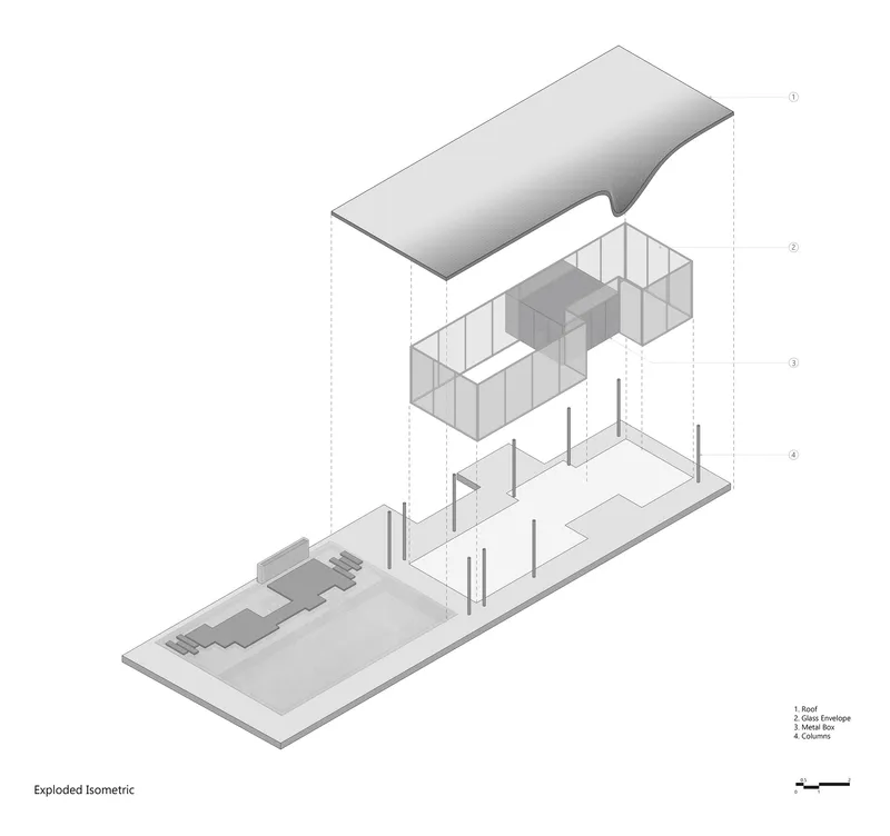 Exploded isometric drawing revealing the roof, glass envelope, metal box, and ground plane with landscaping