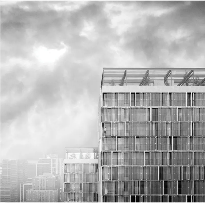 Sherbourne Commons presents a layered social housing facade with operable screens and rooftop greenery above Toronto’s urban skyline.
