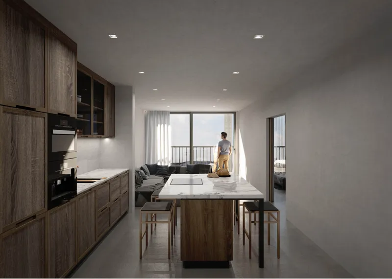 A compact one-bedroom unit designed with warm materials, natural light, and a calm domestic atmosphere.