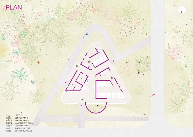 Floor plan drawing of a triangular building with interior courtyards and surrounding landscape