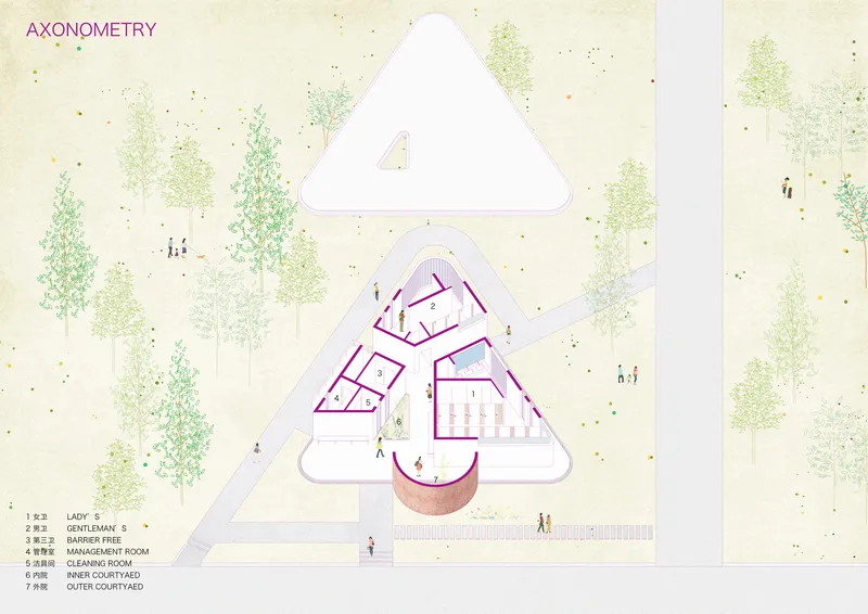 Axonometric drawing showing triangular volumes with courtyards, trees and figures in the landscape
