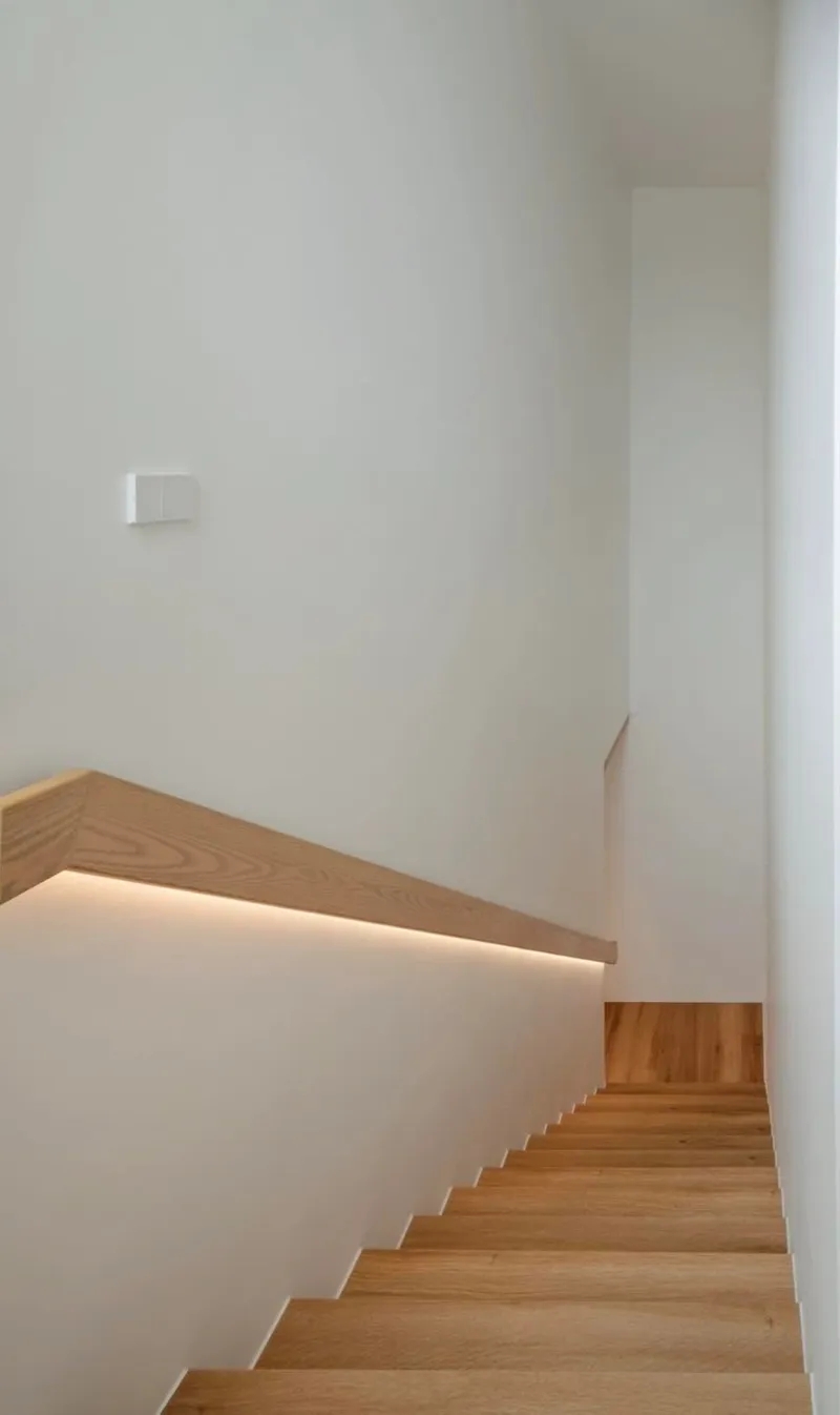 Wood stair with continuous linear LED strip lighting embedded beneath the handrail