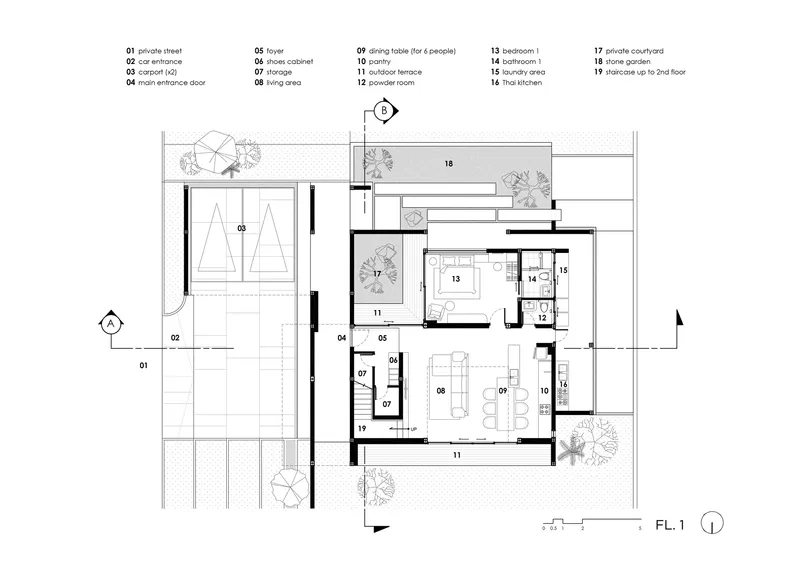 Ground floor plan drawing showing living areas, bedrooms, courtyards and surrounding garden spaces