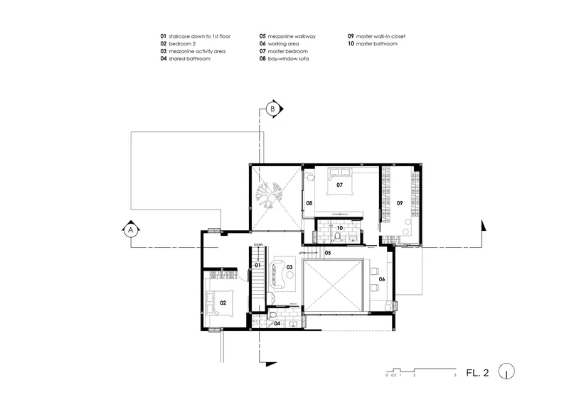 Second floor plan drawing showing bedroom layout with staircase void and mezzanine connections