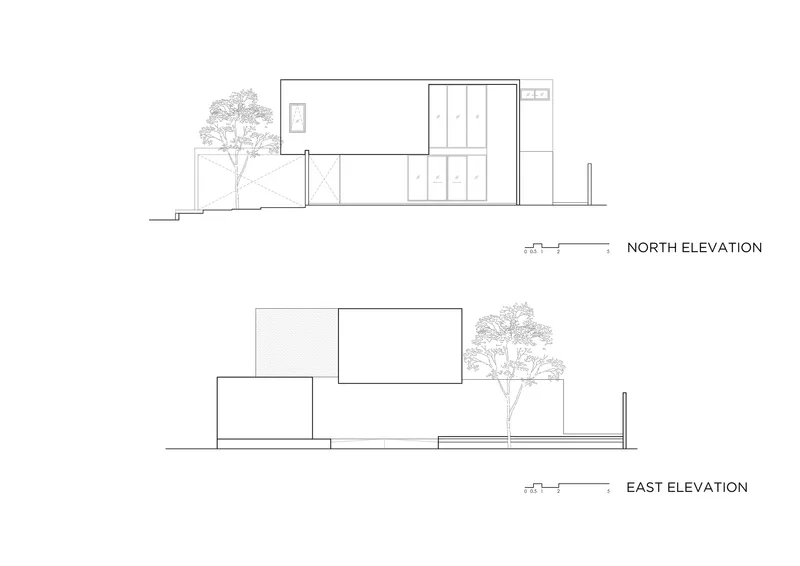 Elevation drawings showing the north and east facades with interlocking volumes and trees