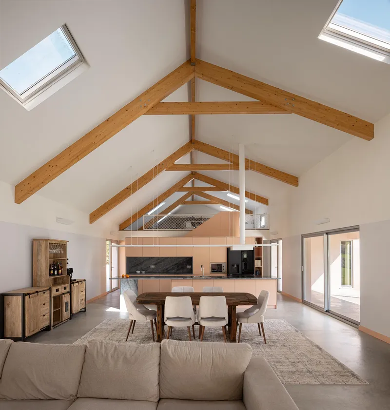 Open plan living and dining space with exposed timber trusses and skylights overhead