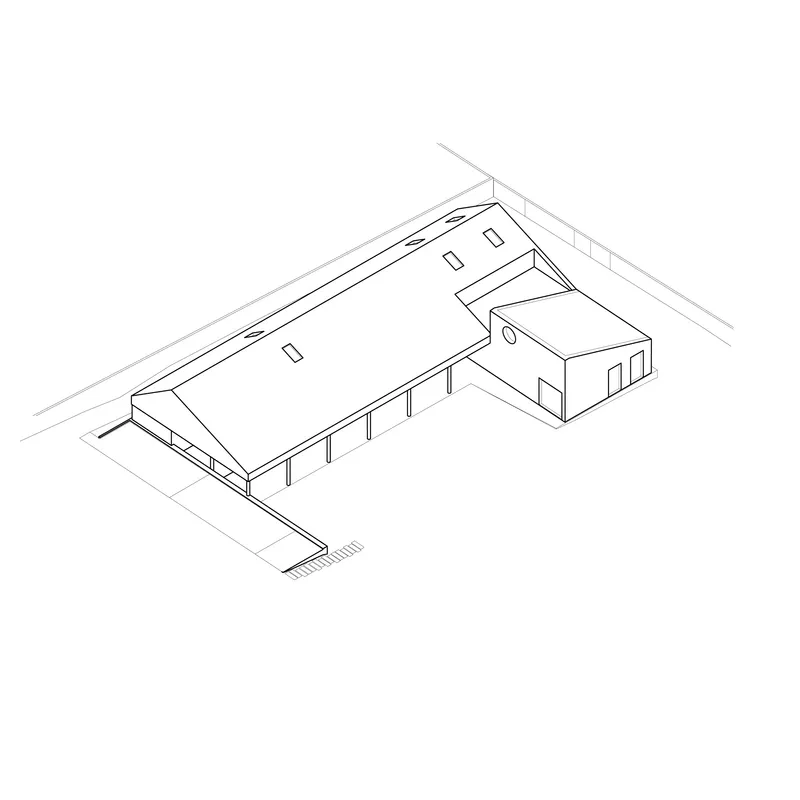 Axonometric drawing of the residence showing gabled volume with covered terrace and courtyard entry
