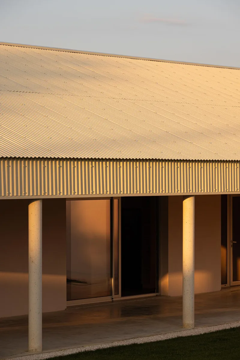 Cantilevered corrugated metal roof edge above a covered terrace with cylindrical concrete columns at dusk