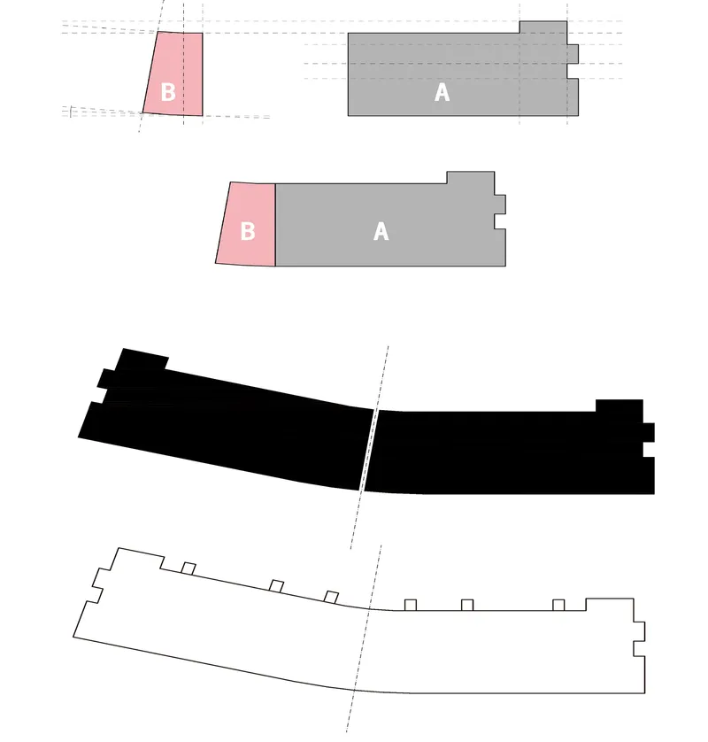 Site plan drawing showing two building volumes labeled A and B in angled orientation