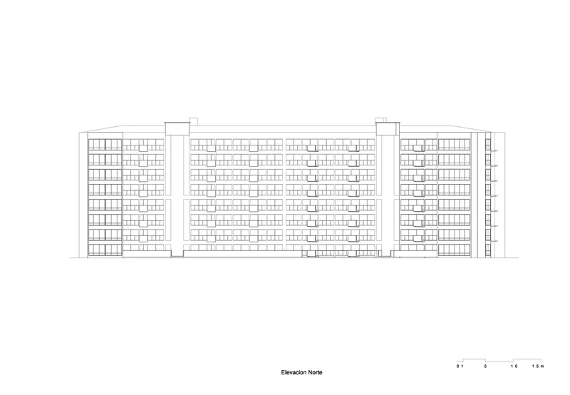 North elevation drawing showing three connected residential blocks with recessed balconies